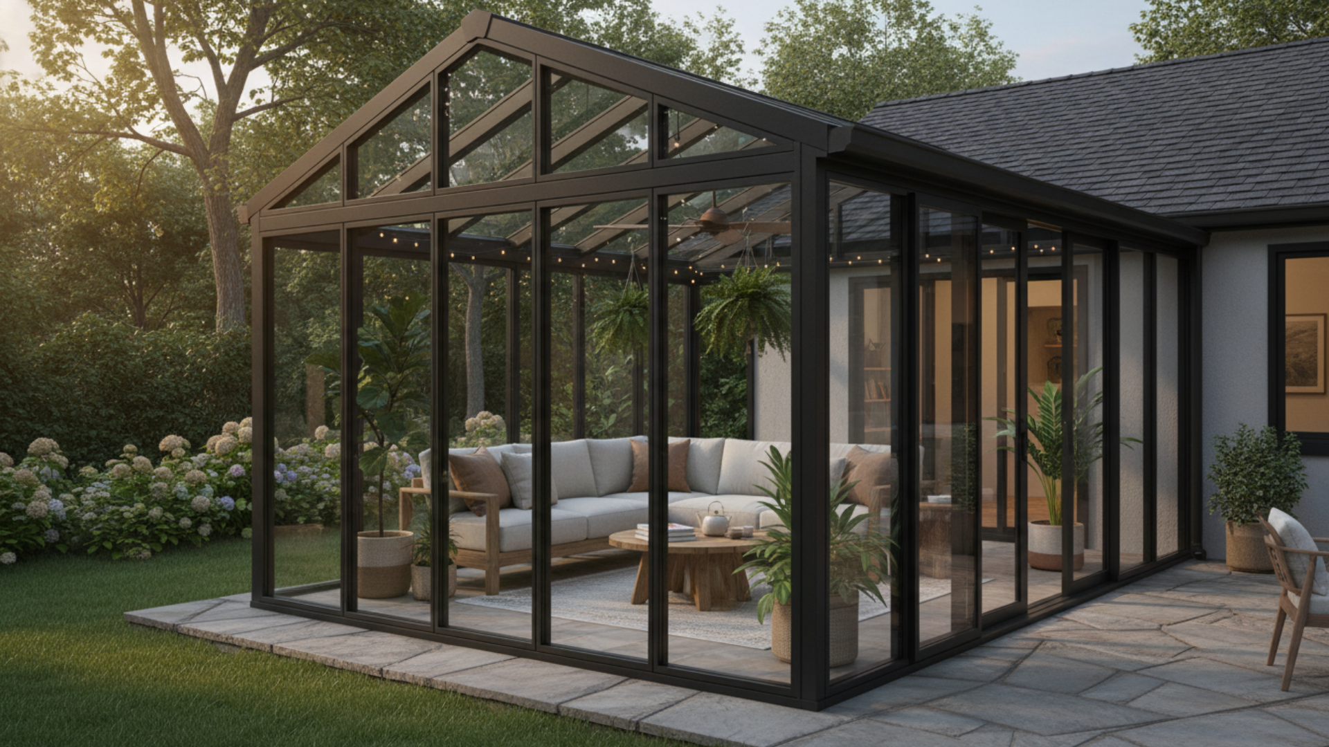 modern glass sunroom attached to house with seating