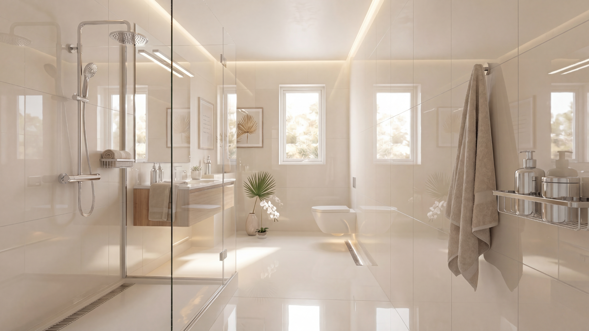 modern glossy bathroom with reflective wall tiles frameless glass shower floating vanity chrome fixtures soft beige tones and natural sunlight
