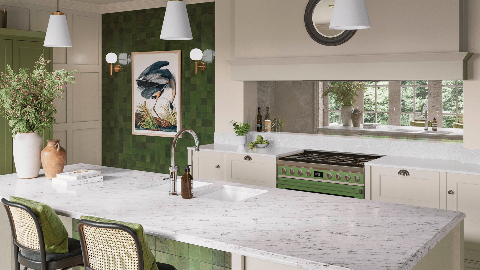 modern green accent galley kitchen designs with marble island