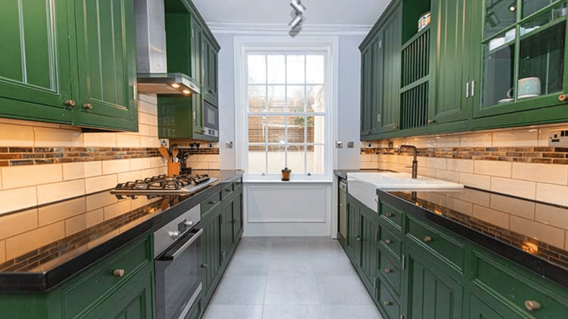 modern green cabinet galley kitchen designs for narrow homes
