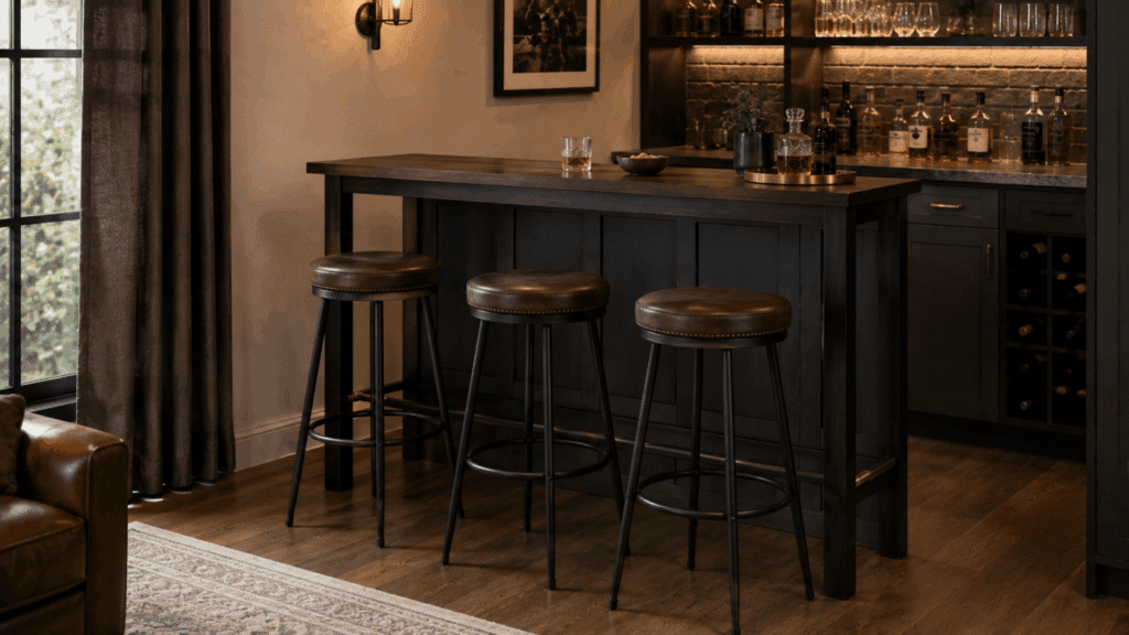 modern home bar table with tall stools and warm lighting in a cozy indoor entertainment space