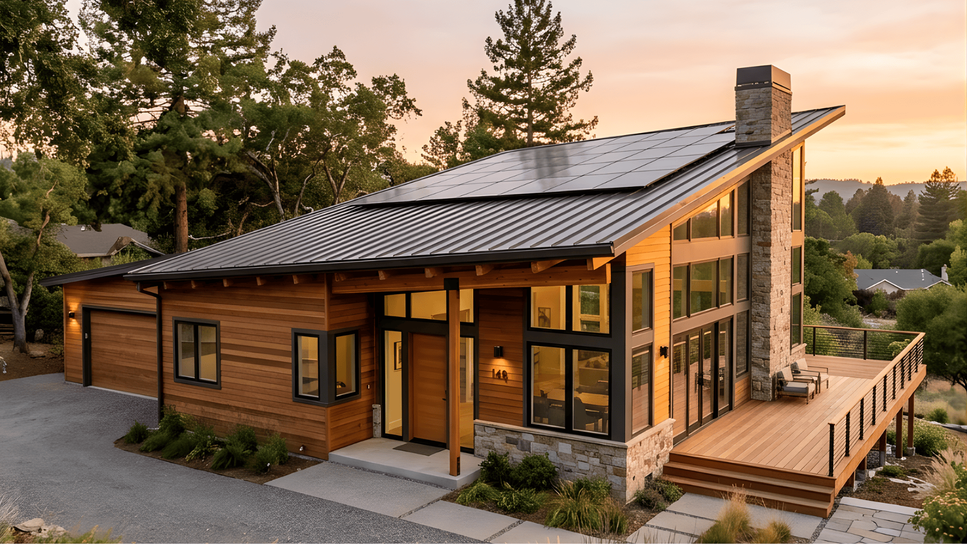 _modern home with a low-pitched gable roof and sleek lines offering a stylish and contemporary look