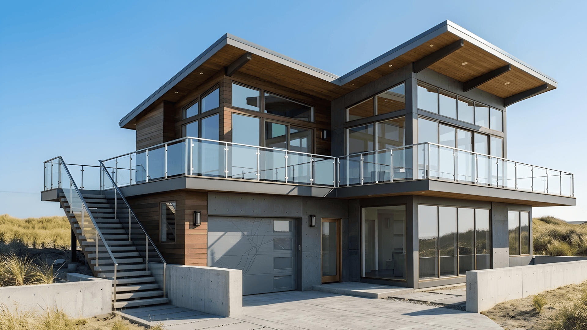 modern home with a unique combination of shed roof type and angular lines, offering a sleek contemporary design
