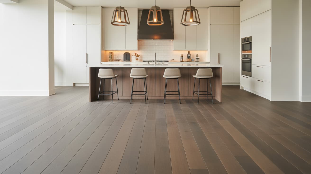 modern kitchen with island seating and gray wood flooring showcasing popular hardwood floor stain colors in a spacious contemporary interior