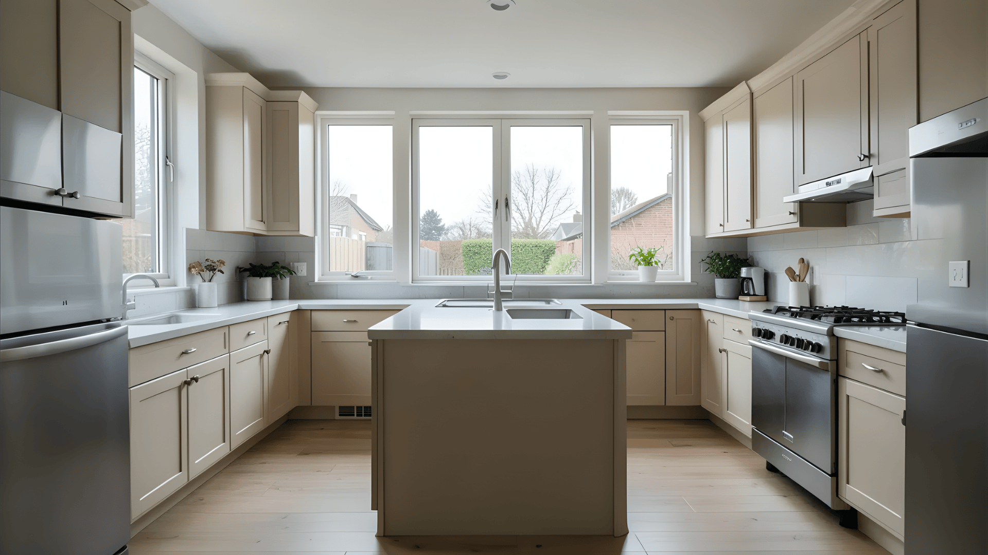 modern kitchen with large bright windows white cabinets center island and stainless appliances provia windows reviews