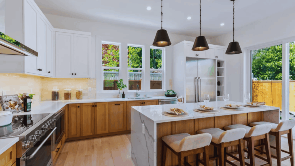 modern kitchen with large island wooden cabinets bar stools and pendant lights
