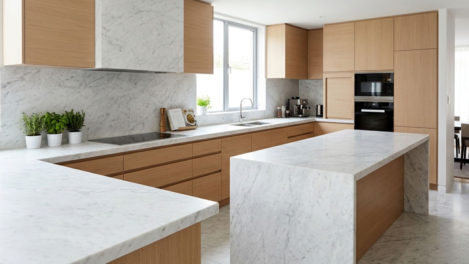 modern kitchen with light wood cabinets marble countertops large island and window above sink with small plants on counter