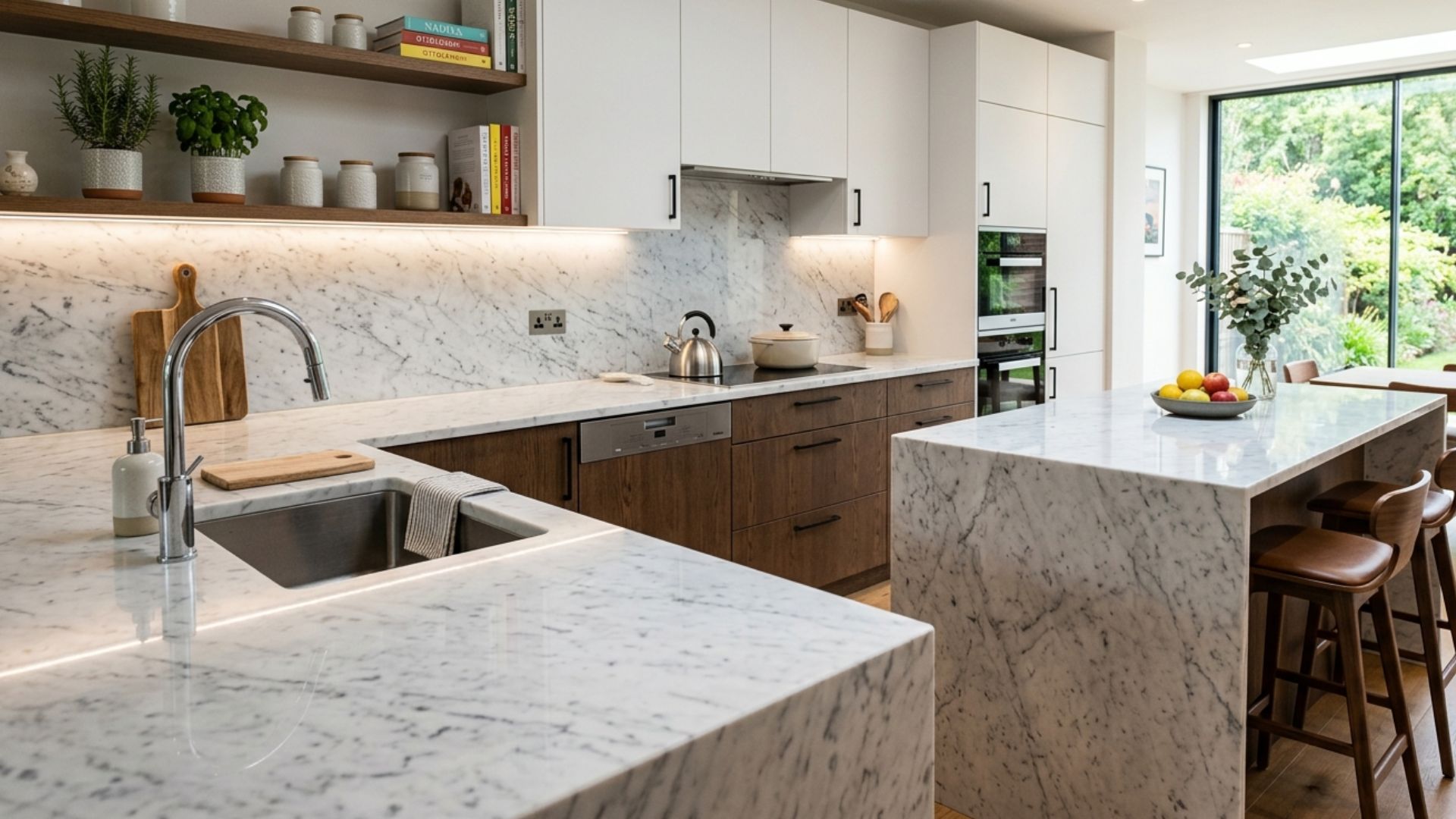 modern kitchen with white cabinets wooden shelves sink kettle marble island with stools and large window showing garden view