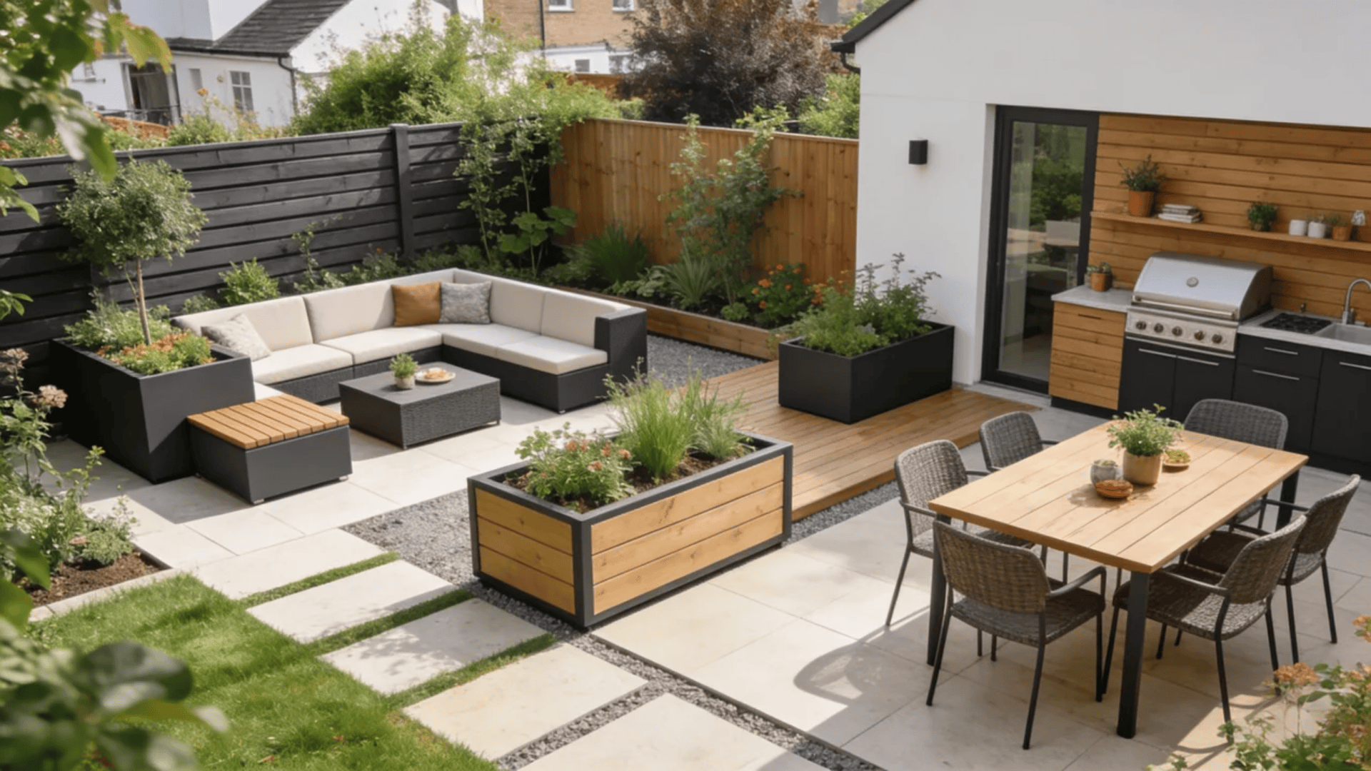 Modern landscaping backyard with patio seating, dining area, and planters
