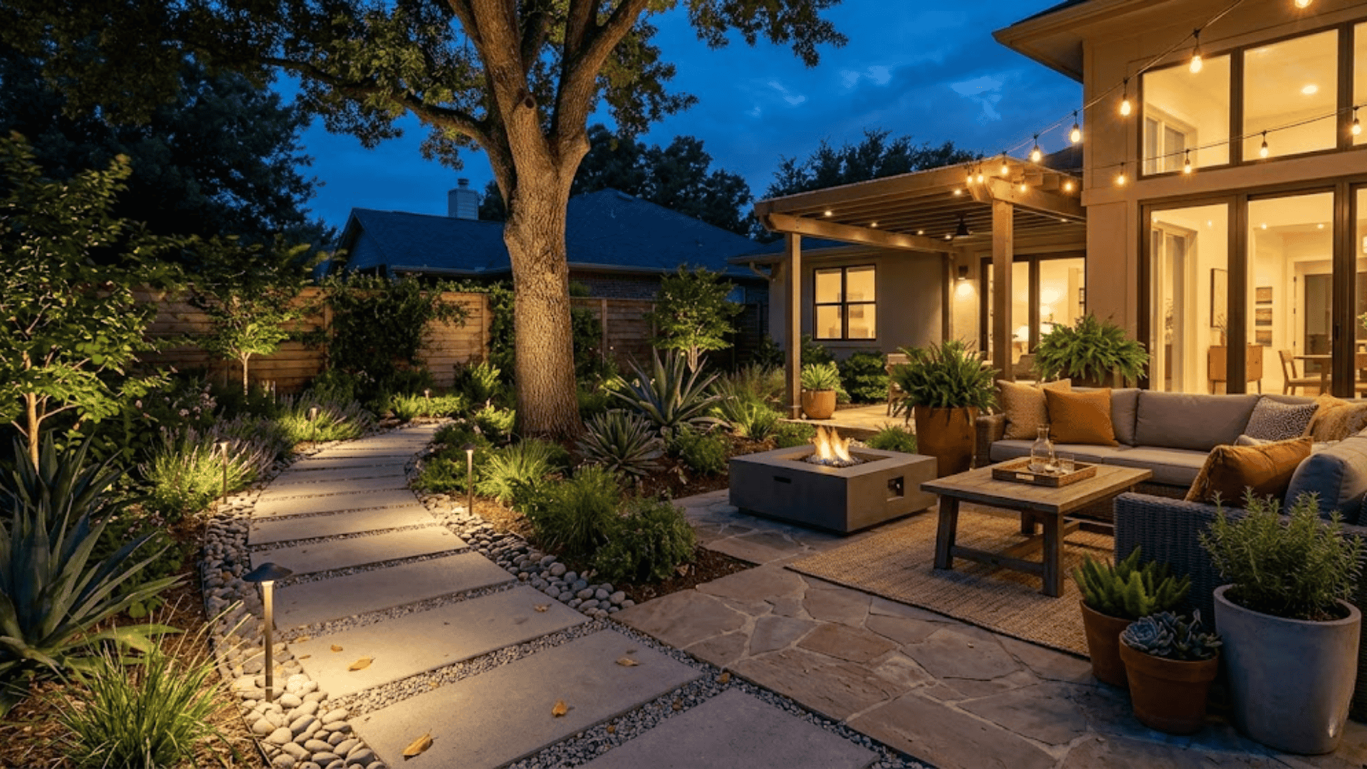 Modern landscaping backyard with stone path, ambient lighting, and cozy patio seating