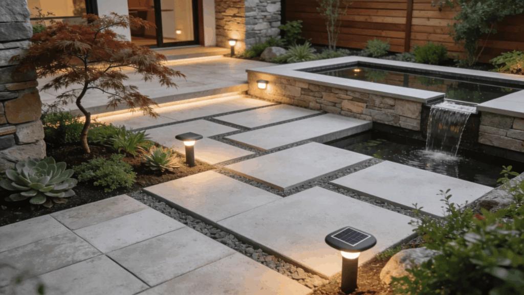 modern landscaping backyard with stone pathway water feature and soft lighting