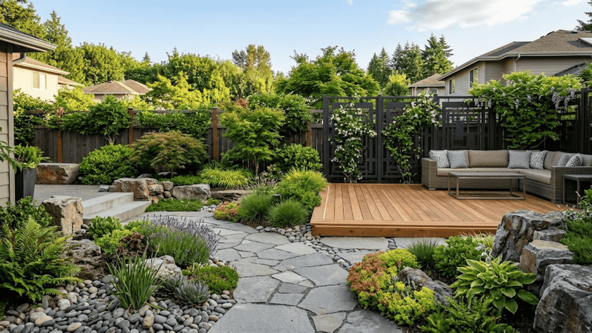 Modern landscaping backyard with stone pathway, wooden deck, seating, and layered plants