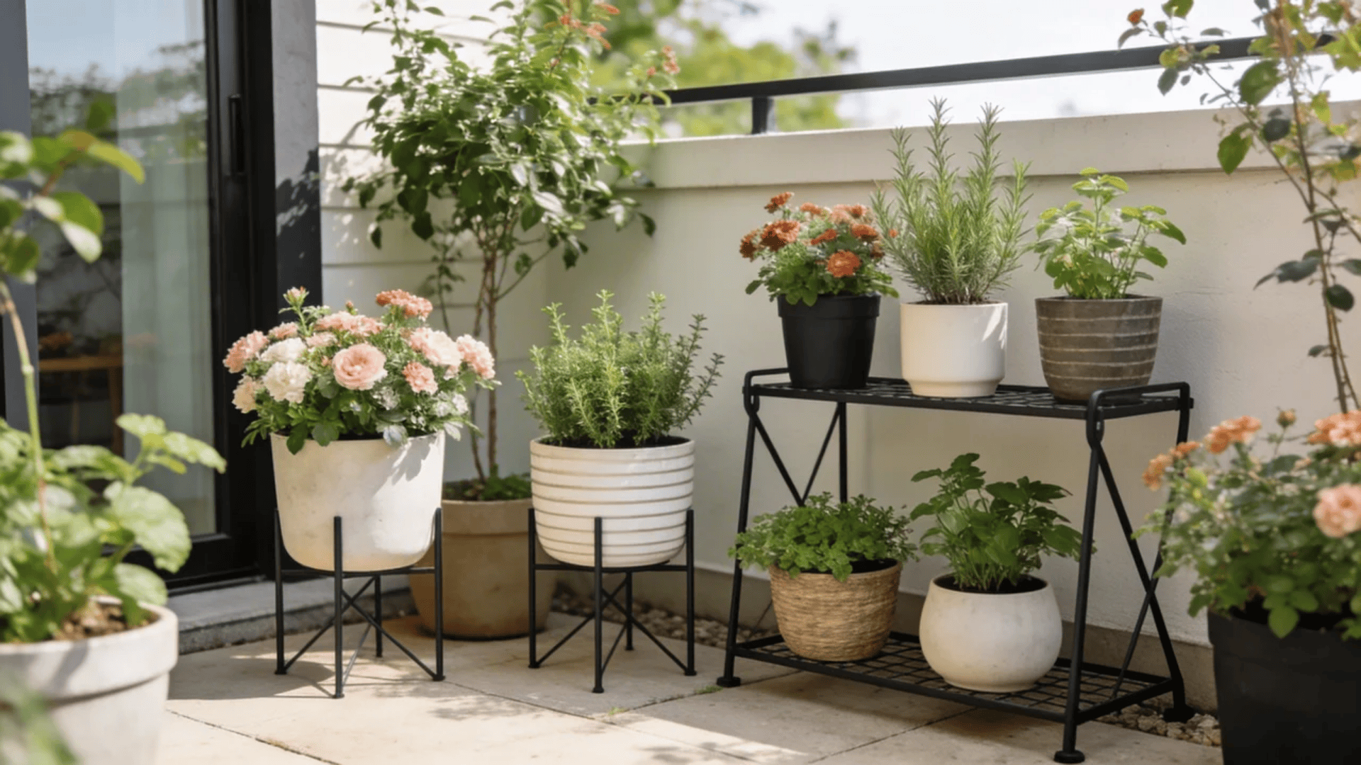 Modern landscaping balcony with potted plants on stands creating a clean, stylish outdoor garden space