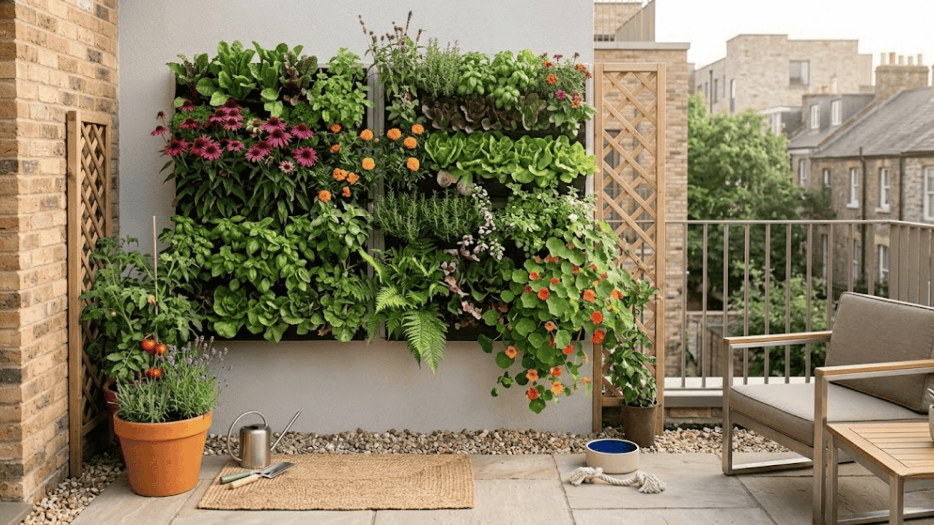 Modern landscaping balcony with vertical garden wall, lush plants, and compact outdoor seating area