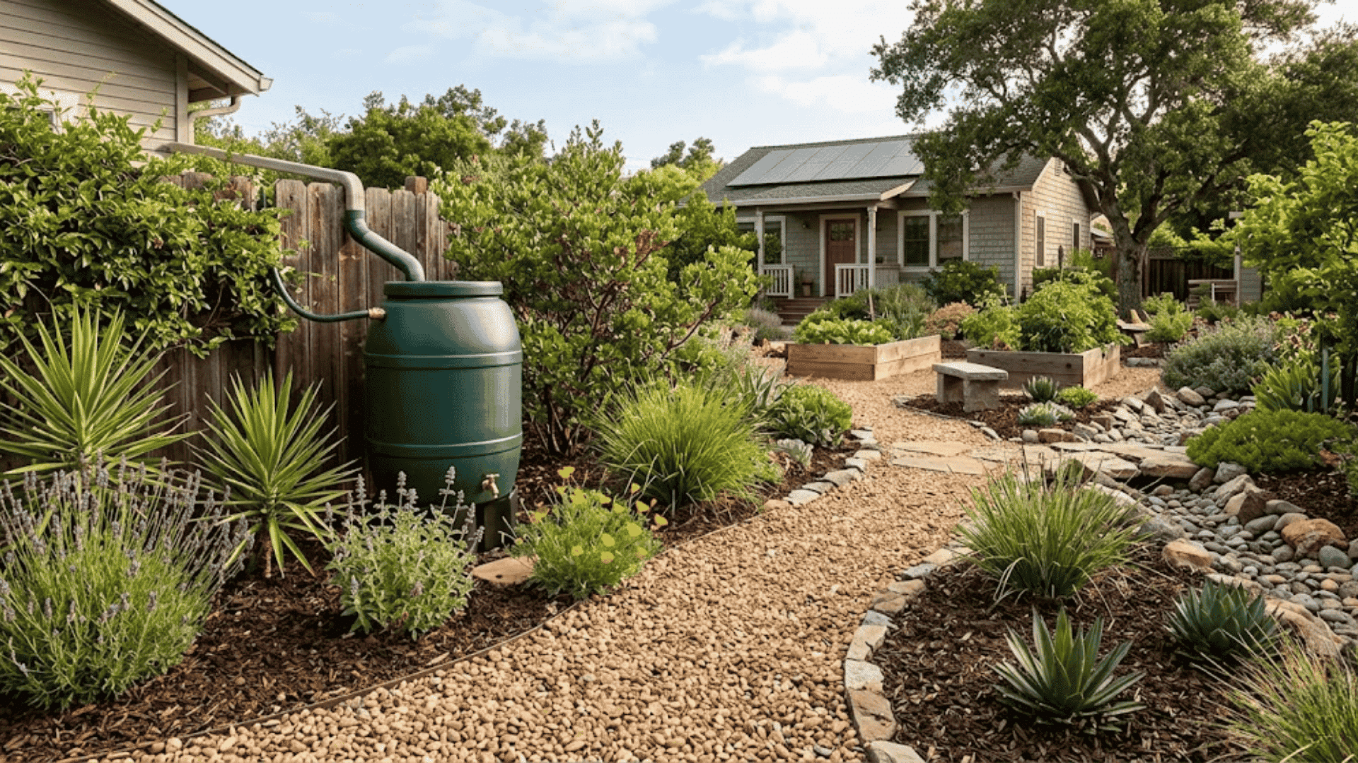 Modern landscaping design with gravel path, raised beds, plants, and rain barrel in backyard garden