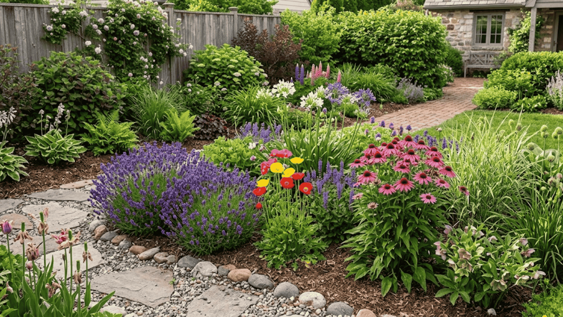 Modern landscaping garden with colorful flowers, curved stone path, and layered plants