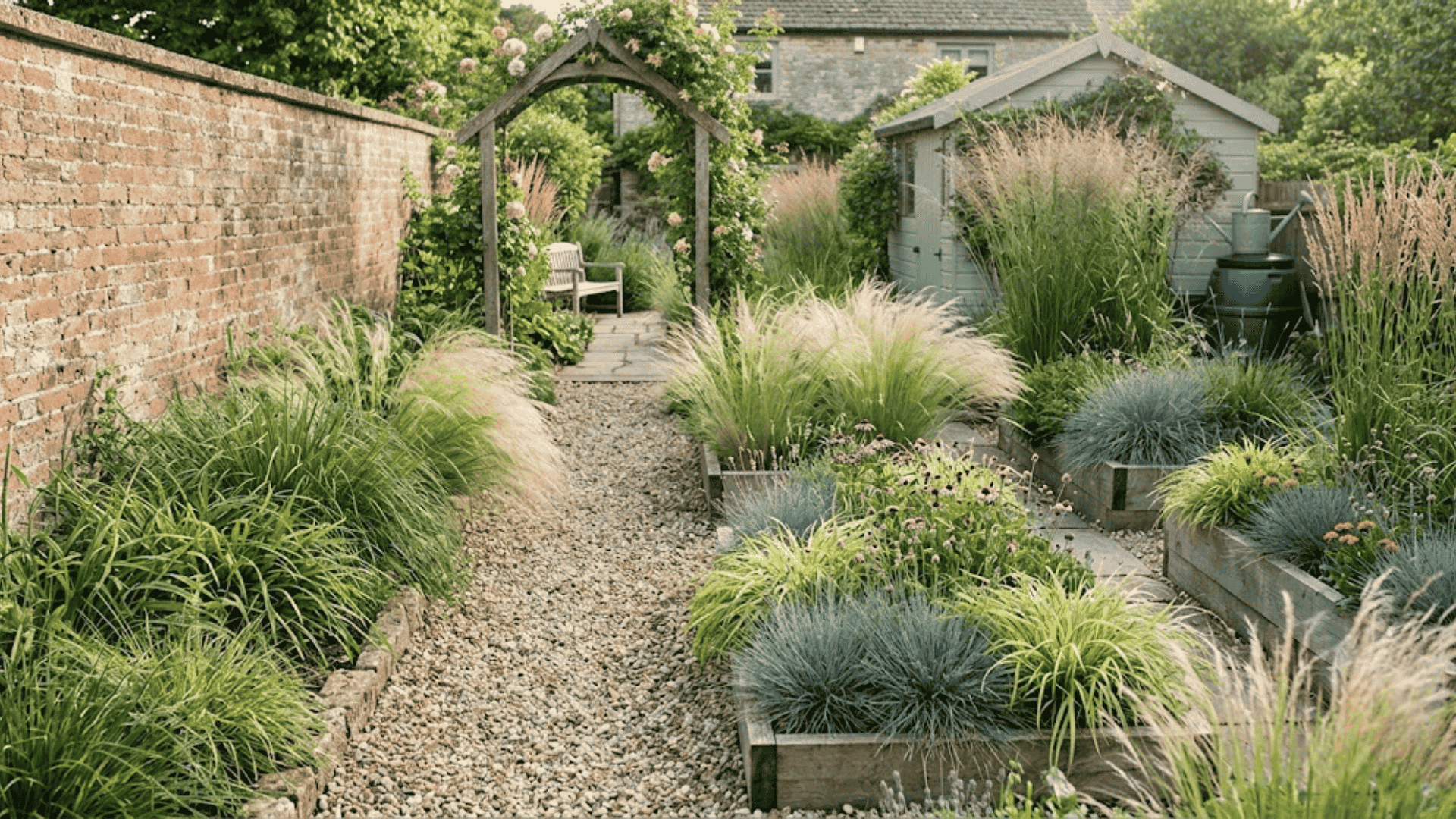 Modern landscaping garden with gravel path, raised beds, and ornamental grasses