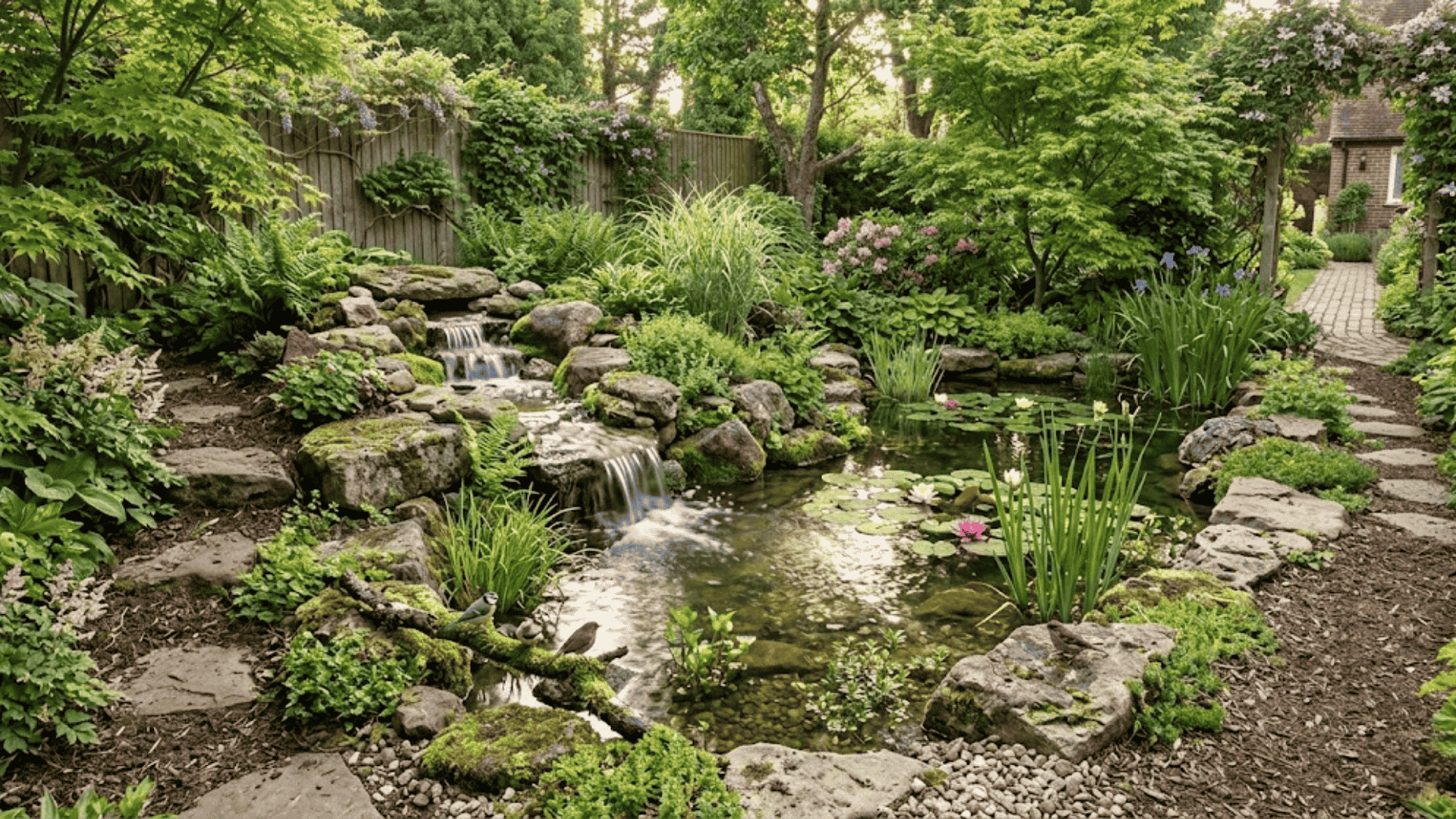 Modern landscaping garden with natural pond, waterfall, rocks, and lush greenery