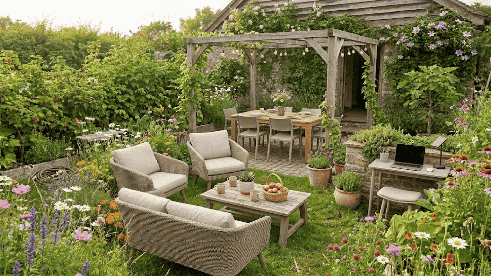 Modern landscaping garden with pergola seating area, outdoor dining, and lush plants
