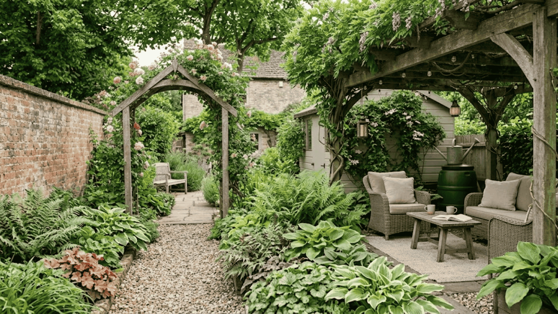 Modern landscaping garden with pergola, seating, gravel path, and lush greenery creating a calm outdoor space