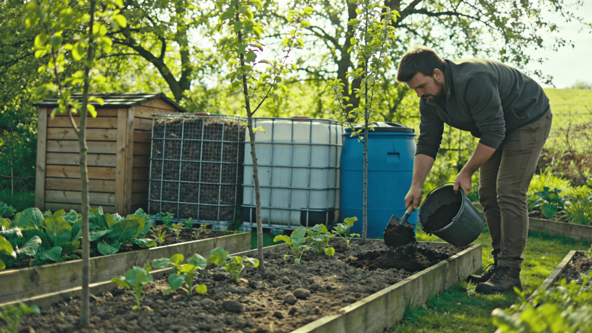 Modern landscaping garden with raised beds and person adding soil, creating a productive outdoor space