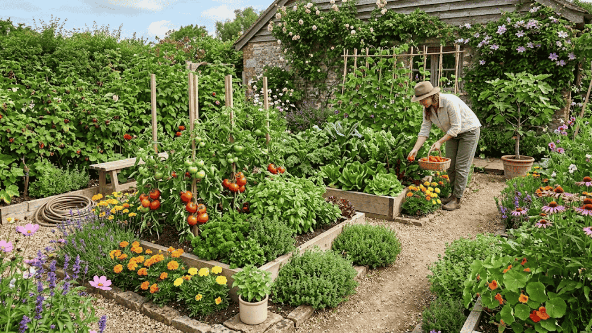 Modern landscaping garden with raised beds, colorful plants, and neat pathways