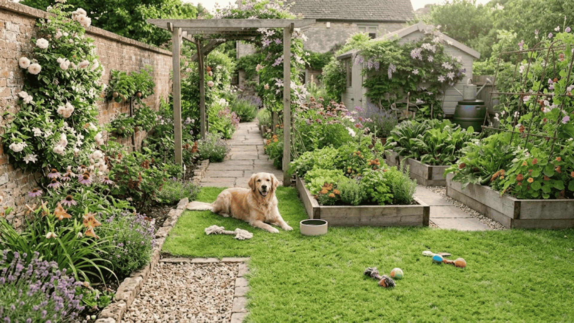 Modern landscaping garden with raised beds, stone path, and lush plants