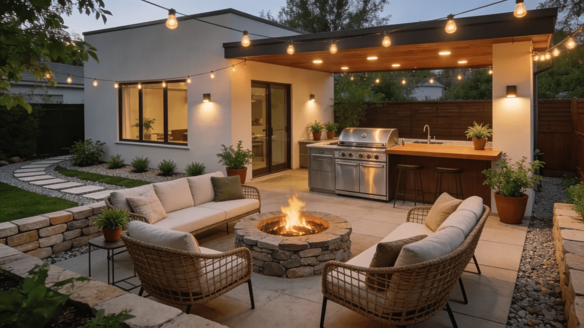 Modern landscaping outdoor patio with fire pit, seating, pergola, and sleek backyard design