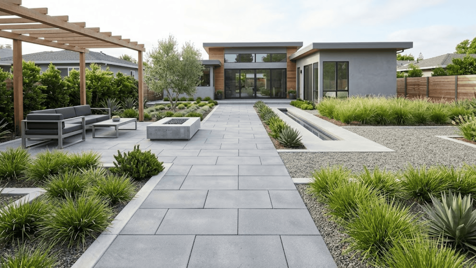 Modern landscaping with clean patio walkway, minimalist plants, and structured garden