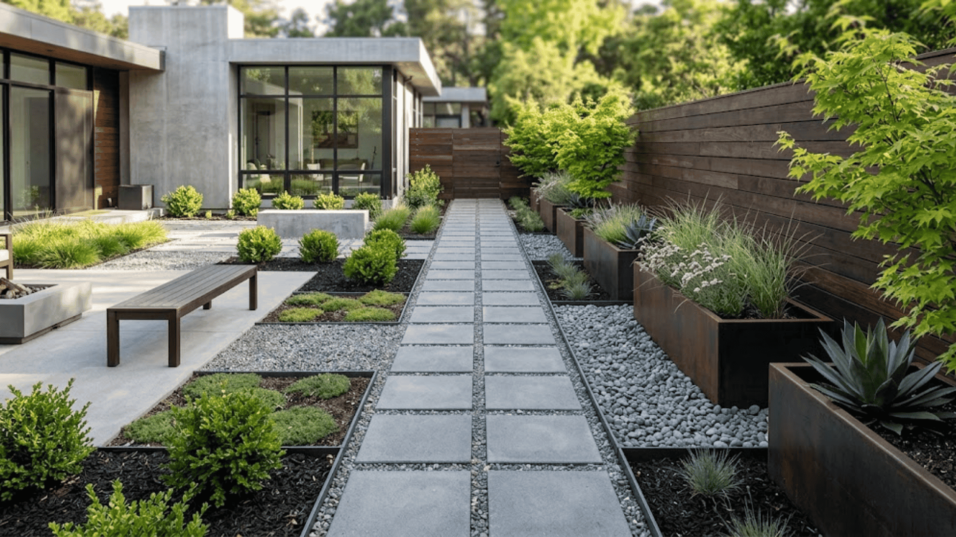 Modern landscaping with geometric pathway, raised planters, and minimalist greenery