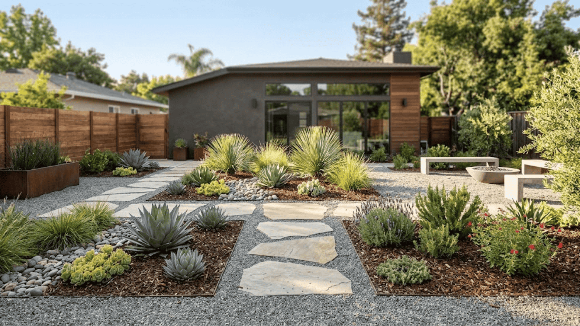 Modern landscaping with gravel pathways, drought-tolerant plants, and clean layout