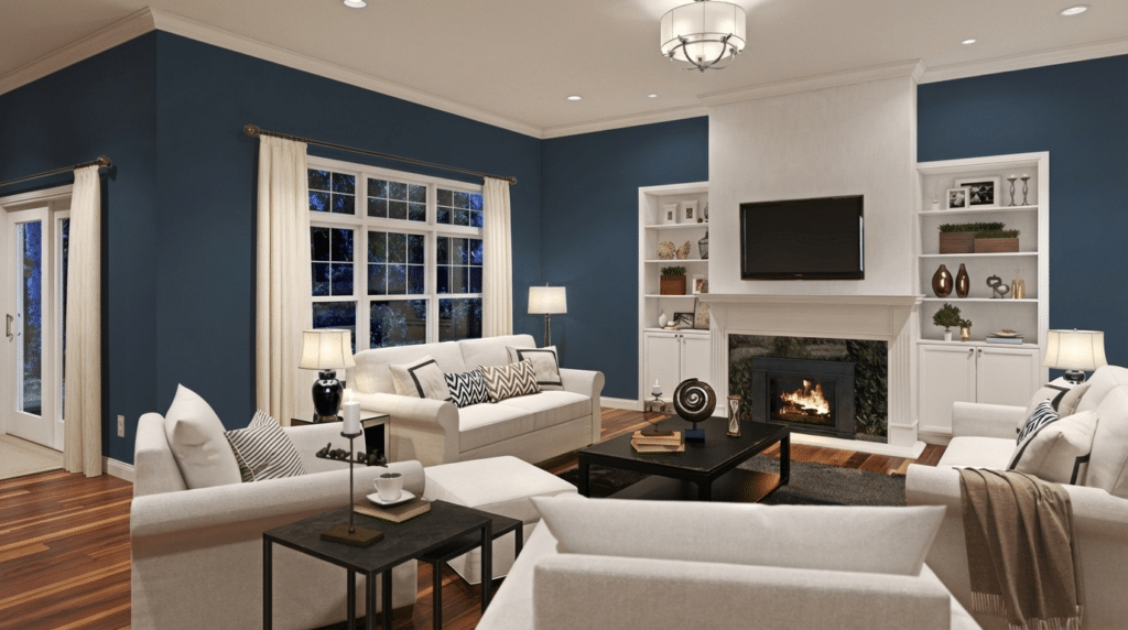 modern living room with blue walls white sofas fireplace with mounted tv large windows soft lighting and wooden floors