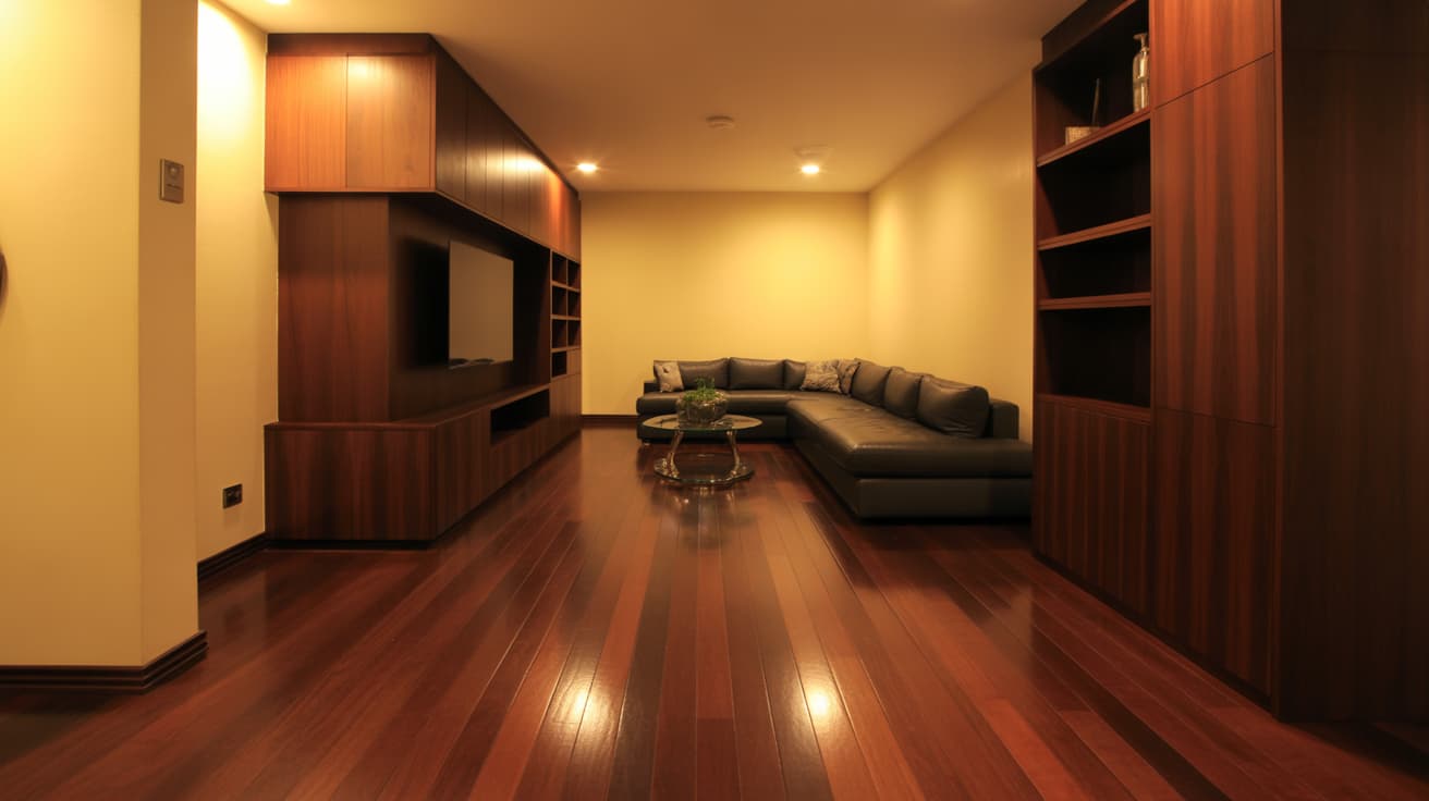 modern living room with dark wood cabinets and glossy floor featuring popular hardwood floor stain colors in rich warm brown tones