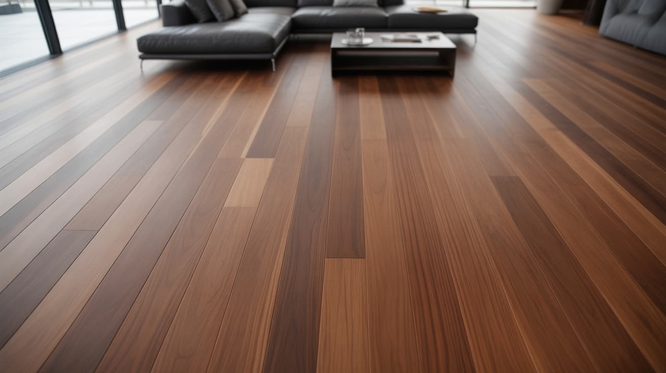 modern living room with large sectional sofa and sleek wood floor showcasing popular hardwood floor stain colors in rich natural tones