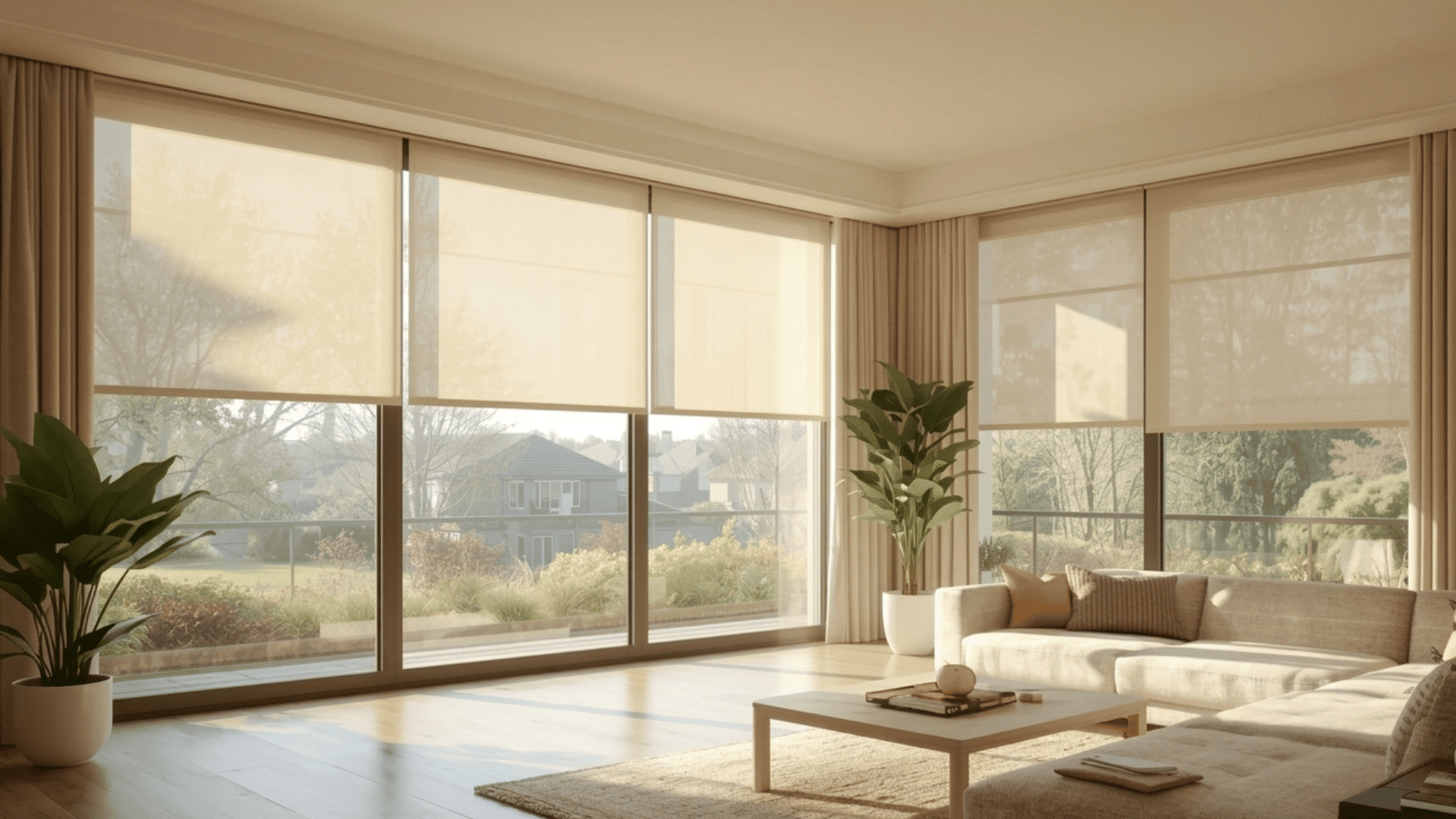 modern living room with large windows covered by light filtering roller shades and soft natural sunlight