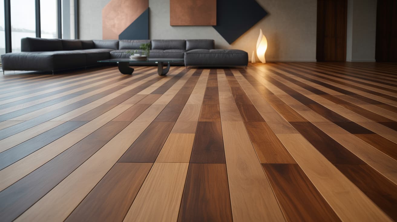 modern living room with sectional sofa and multitone floor displaying popular hardwood floor stain colors in a contemporary interior space