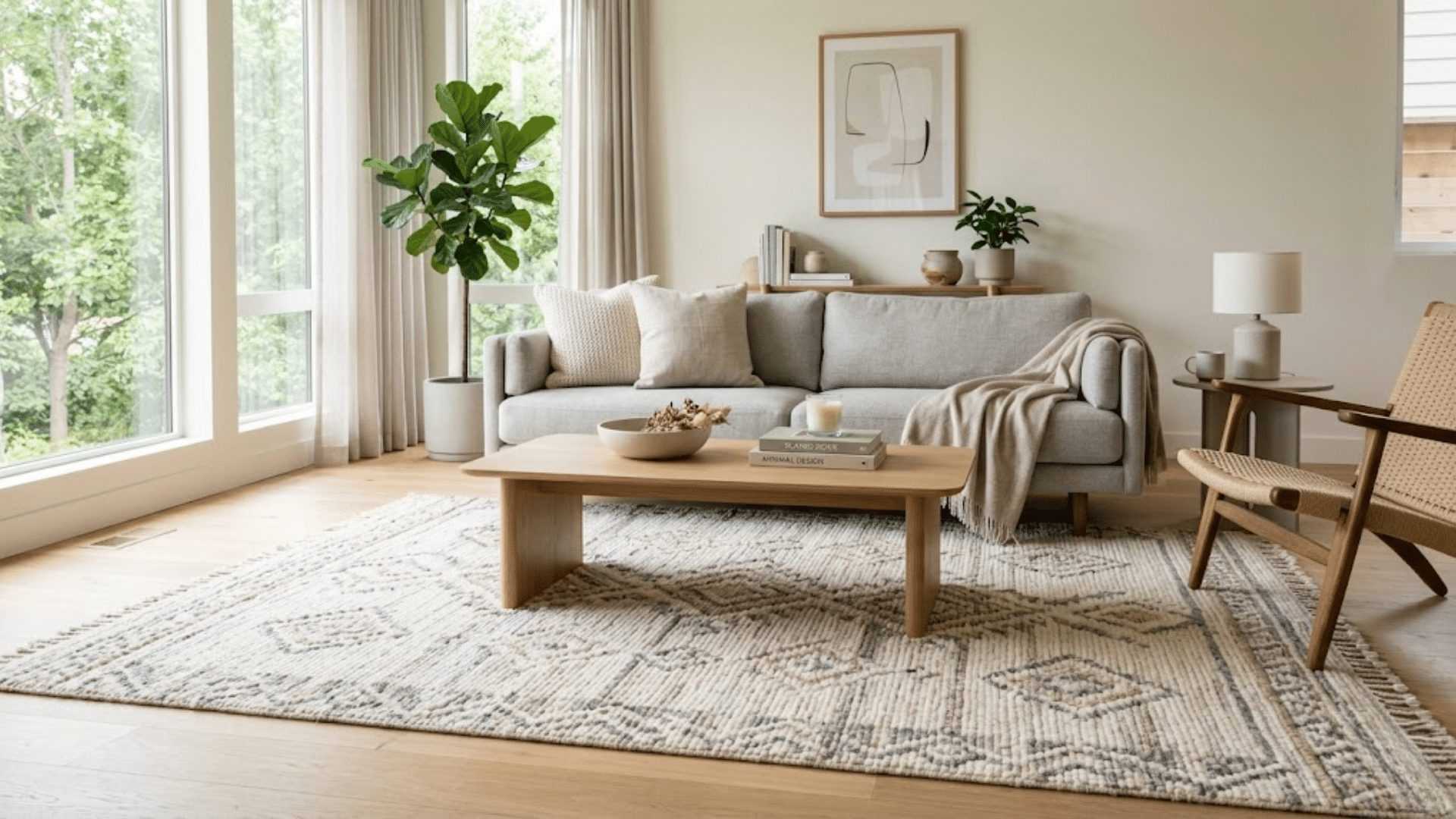 modern living room with sofa coffee table and ernesta rugs adding texture in a bright clean space