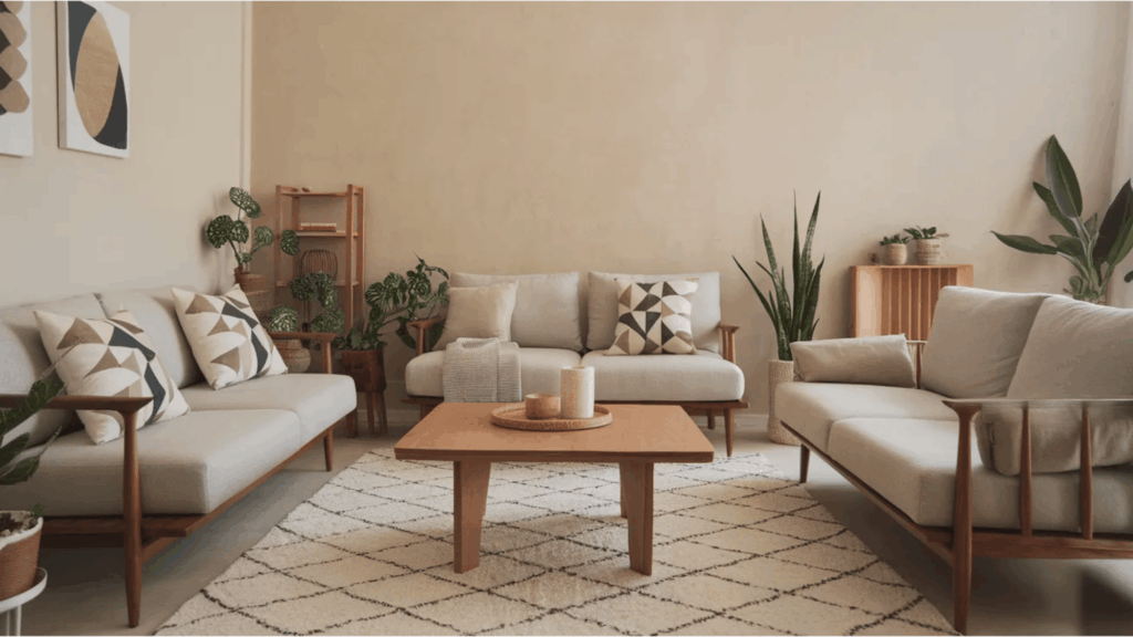 modern living room with wood furniture neutral sofas plants and cozy minimal style