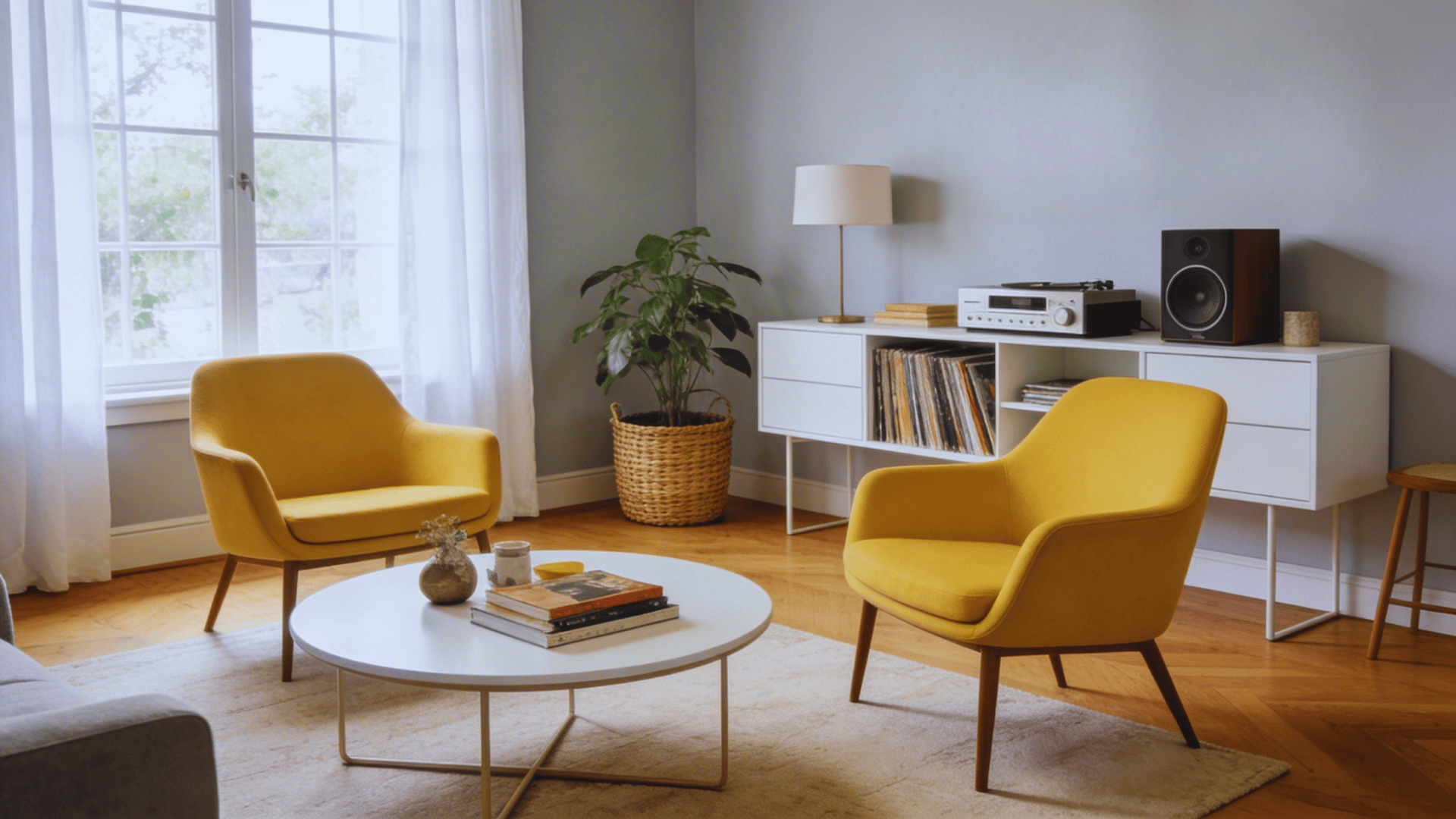 modern living room with yellow chairs white table record player cabinet and large window with soft light
