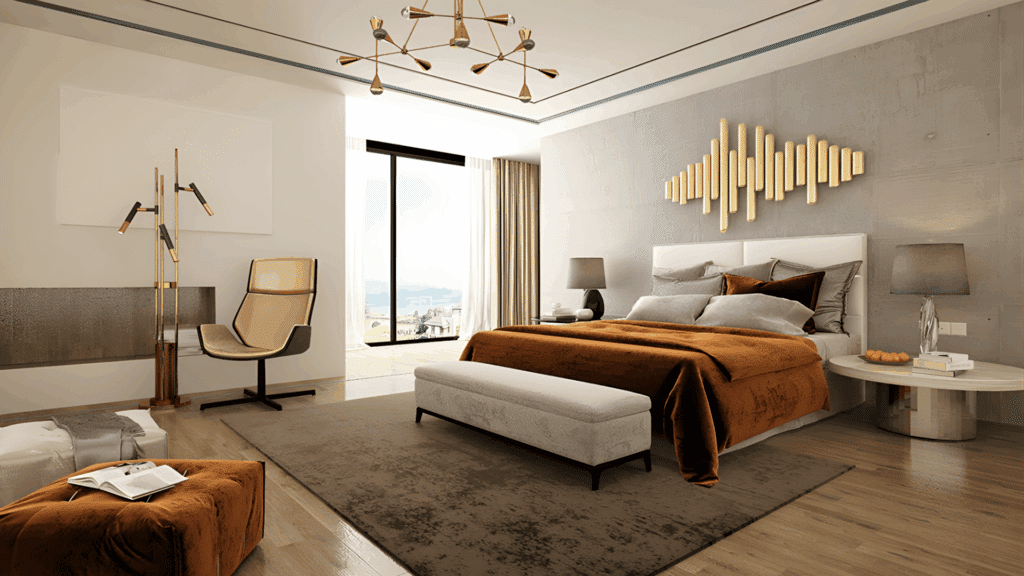 modern luxury bedroom with chandelier upholstered bed accent wall seating area and warm tones styled for mens room decor