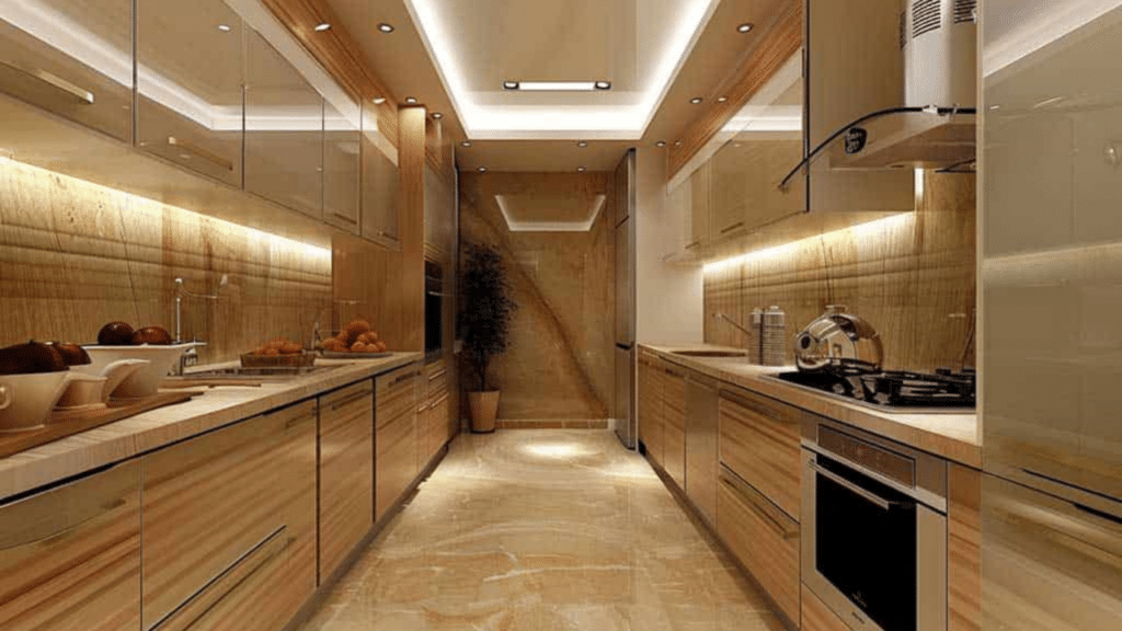 modern luxury galley kitchen designs with warm lighting