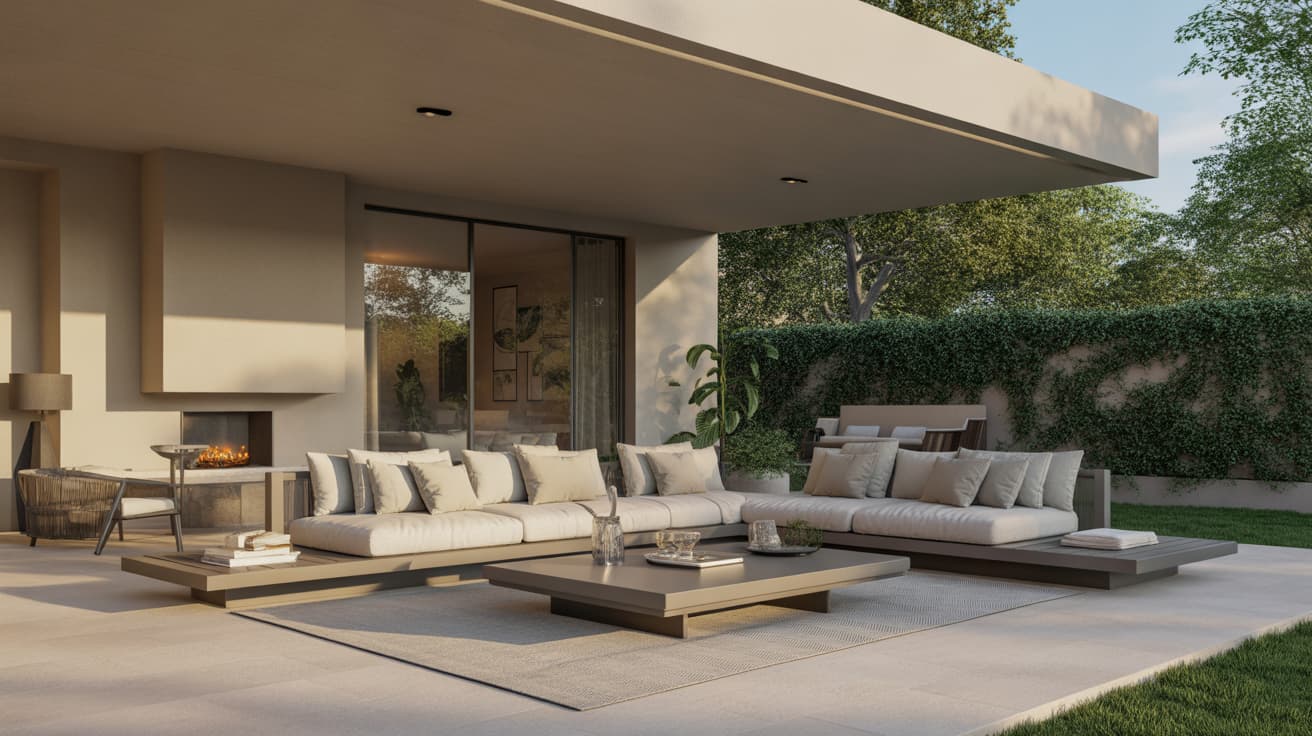 modern minimalist backyard lounge with large sectional sofa low coffee table and covered seating area showcasing stylish outdoor patio ideas for relaxing outdoors