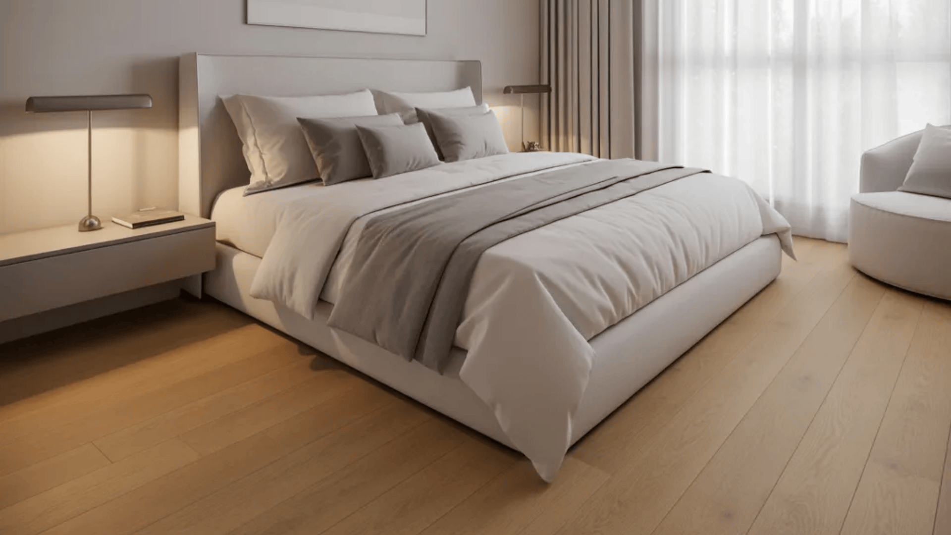 modern minimalist bedroom with neutral bedding soft lighting large window and clean design showing elegant spare bedroom ideas for a calm guest space