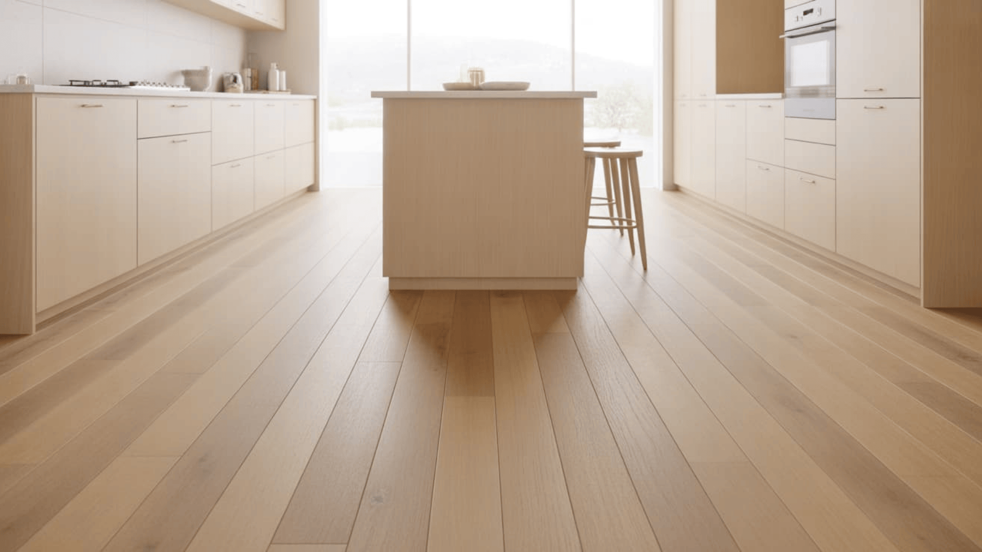 modern minimalist kitchen with island and light wood flooring displaying popular hardwood floor stain colors in a bright interior space