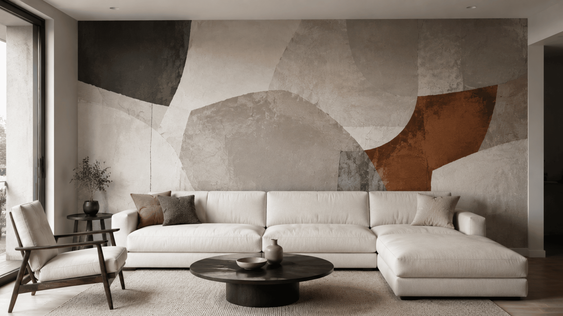 modern minimalist living room with neutral tones white sectional sofa abstract geometric mural and wooden furniture