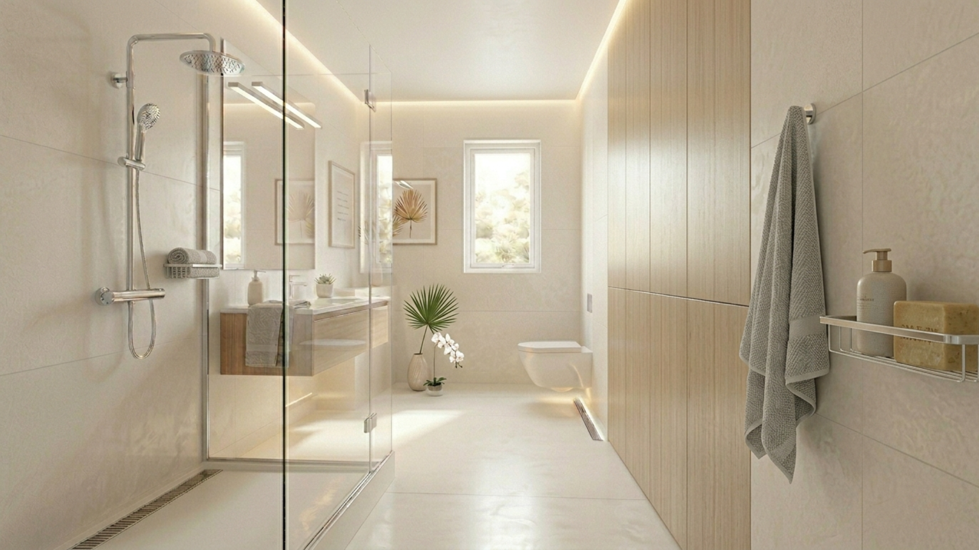 modern narrow bathroom with clear floor space frameless glass shower floating vanity wall mounted storage soft beige walls and natural lighting