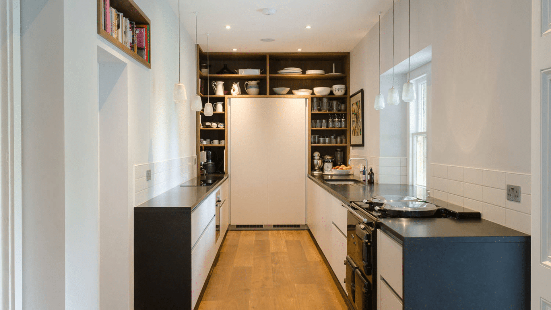 modern narrow galley kitchen designs with open shelving storage