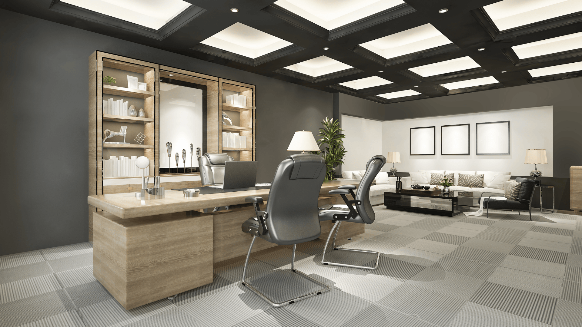 modern office with wooden desk black chairs shelving unit and lounge seating under geometric ceiling lights