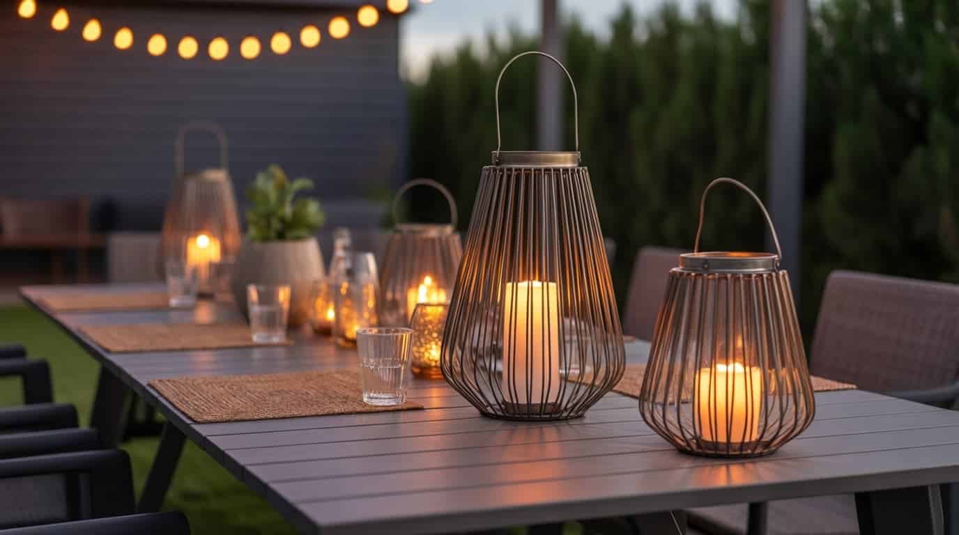 modern outdoor dining table with candle lanterns and string lights creating cozy ambiance perfect for outdoor patio ideas and patio decor ideas