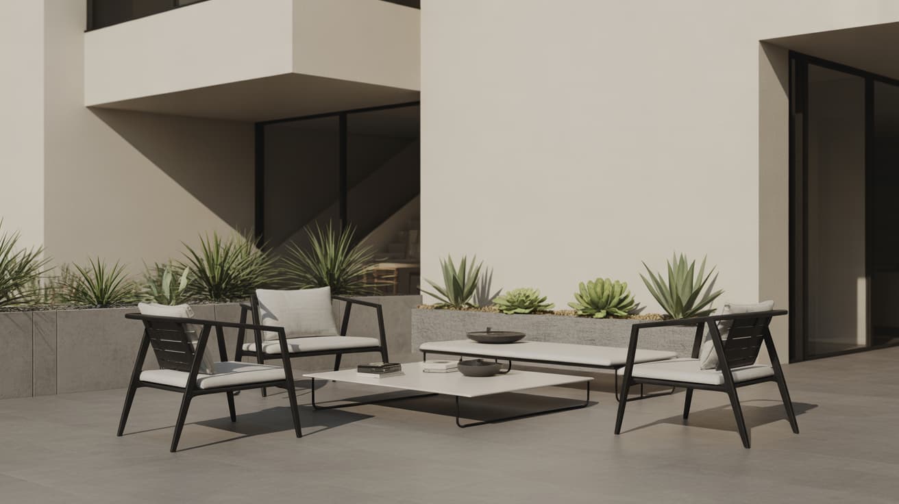 modern outdoor seating area with sofa chairs and table among plants showing outdoor patio ideas and patio decor ideas
